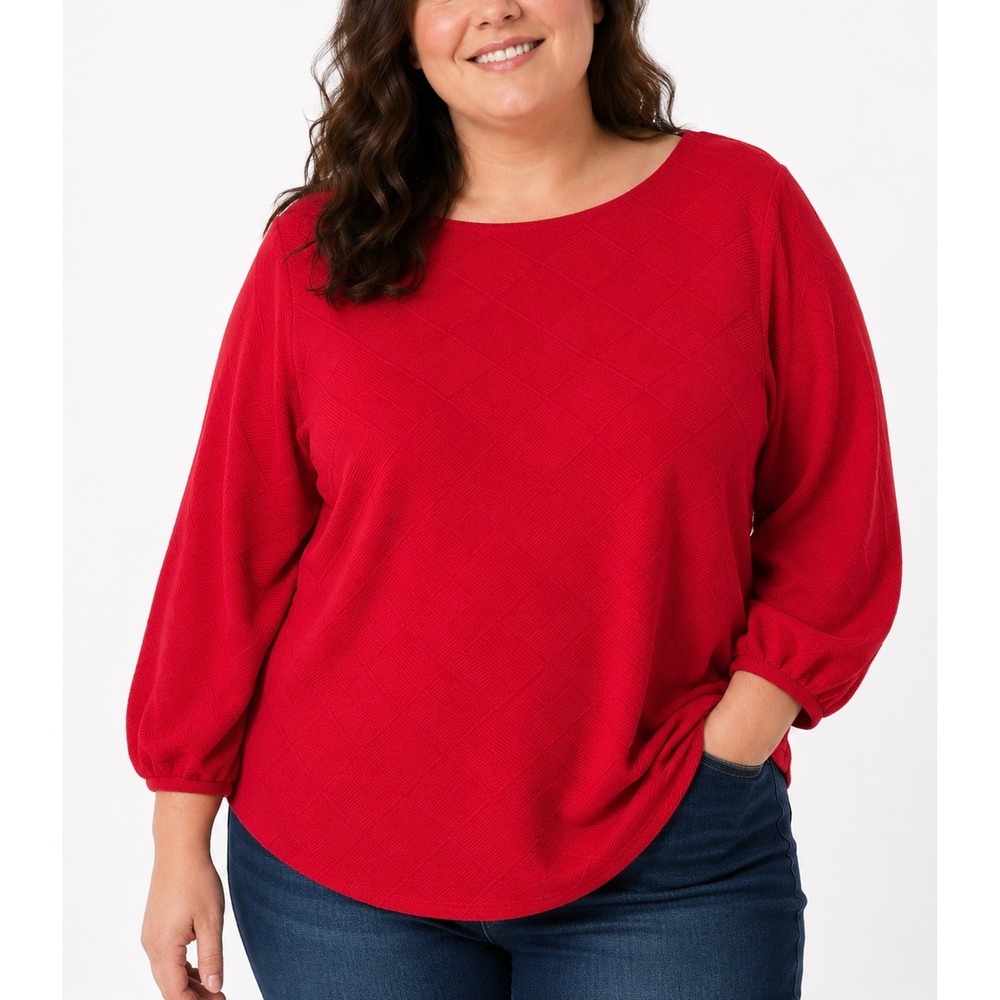 Chico's Quilted Knit Top Women Size 3 XL Red Round Neck Balloon Sleeve Holiday